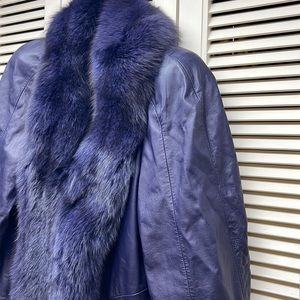 Womens Purple Leather Long Coat Sz S oversized FoxFur Collar Gently Used Great